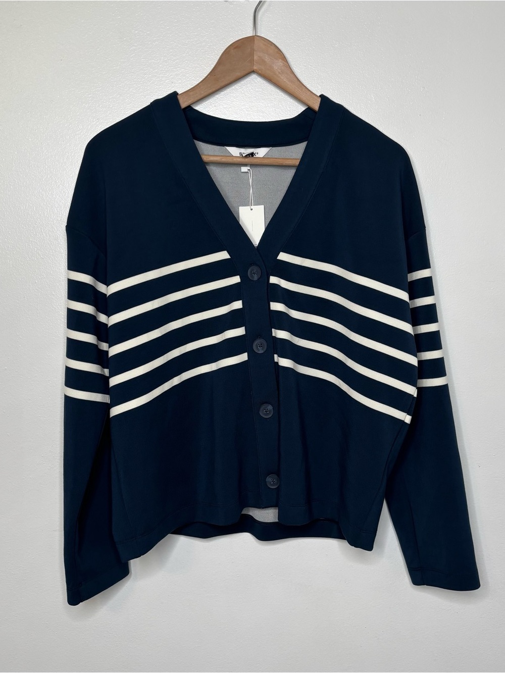 NWT Spanx AirEssentials Striped Cardigan Navy Blue Off White Medium